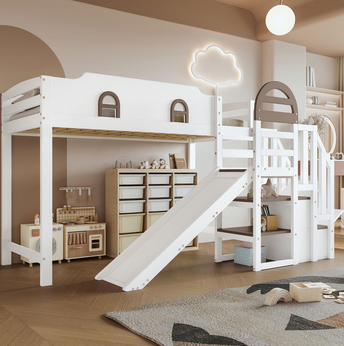 ETAGENBETT 90/200 cm mit Rutsche und Stauraumtreppe, Weiß - Weiß, Holzwerkstoff (90/200cm) - Flora Grace