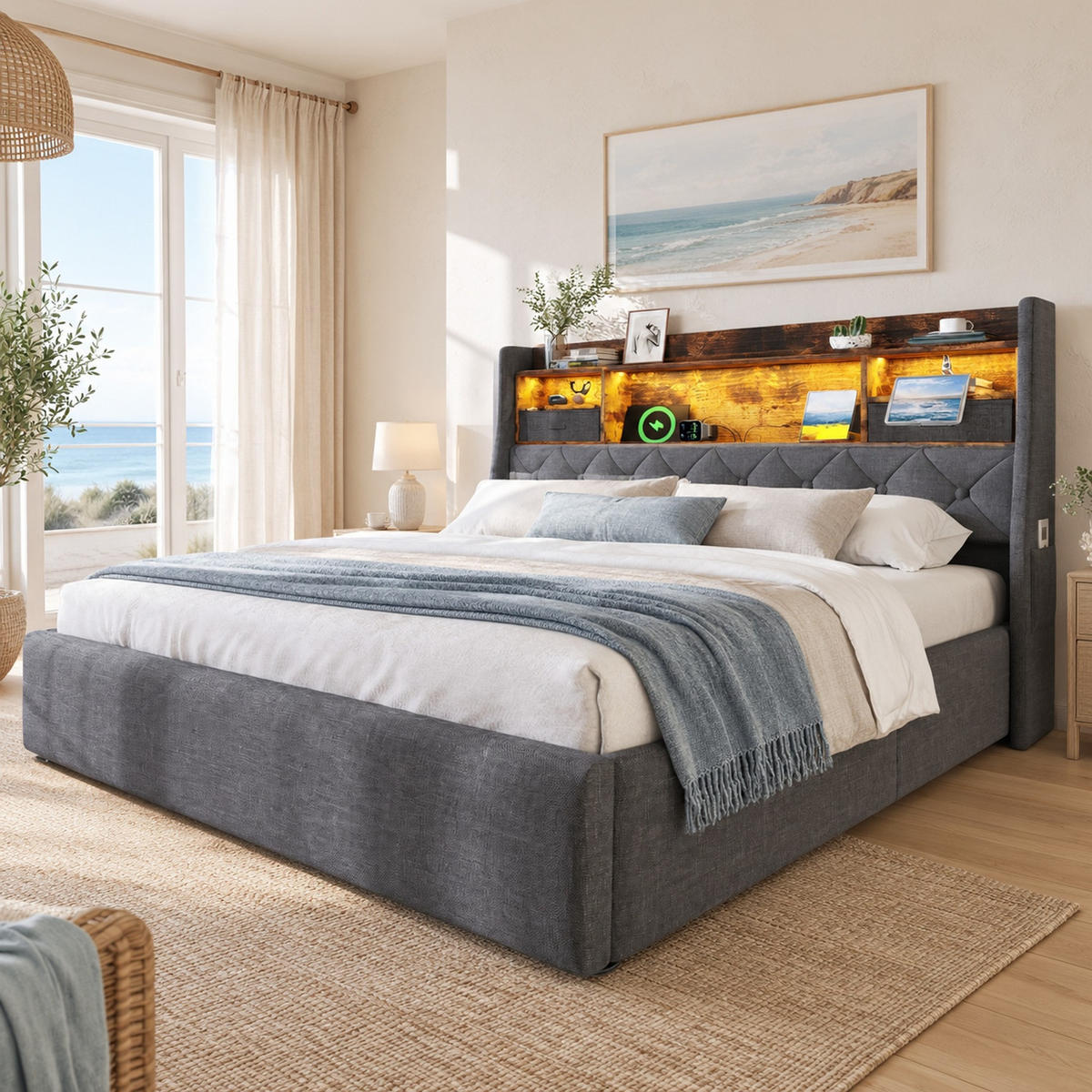 POLSTERBETT 140/200 mit Bettkasten, LED und USB in Grau - Grau, Holzwerkstoff/Textil (140/200cm) - EVRYAE