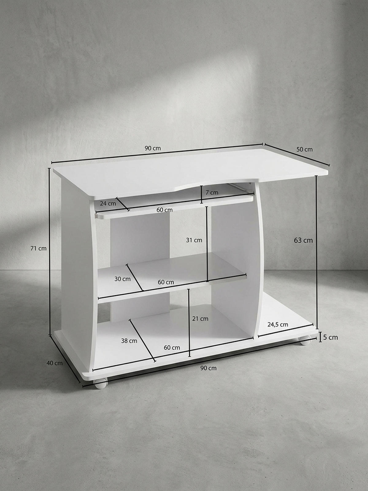 SCHREIBTISCH Computertisch Rollen 3D-Ecken, Weiß 90x50x71 cm - Weiß, Holz (50/90/71cm) - KADIMA DESIGN