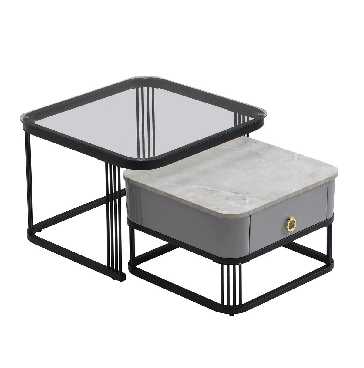 COUCHTISCH 2er-Set 60/60/44,5 + 50/50/34,5 cm mit Schubladen in Marmoroptik - Schwarz, Holzwerkstoff (60/60/45cm) - Flora Grace