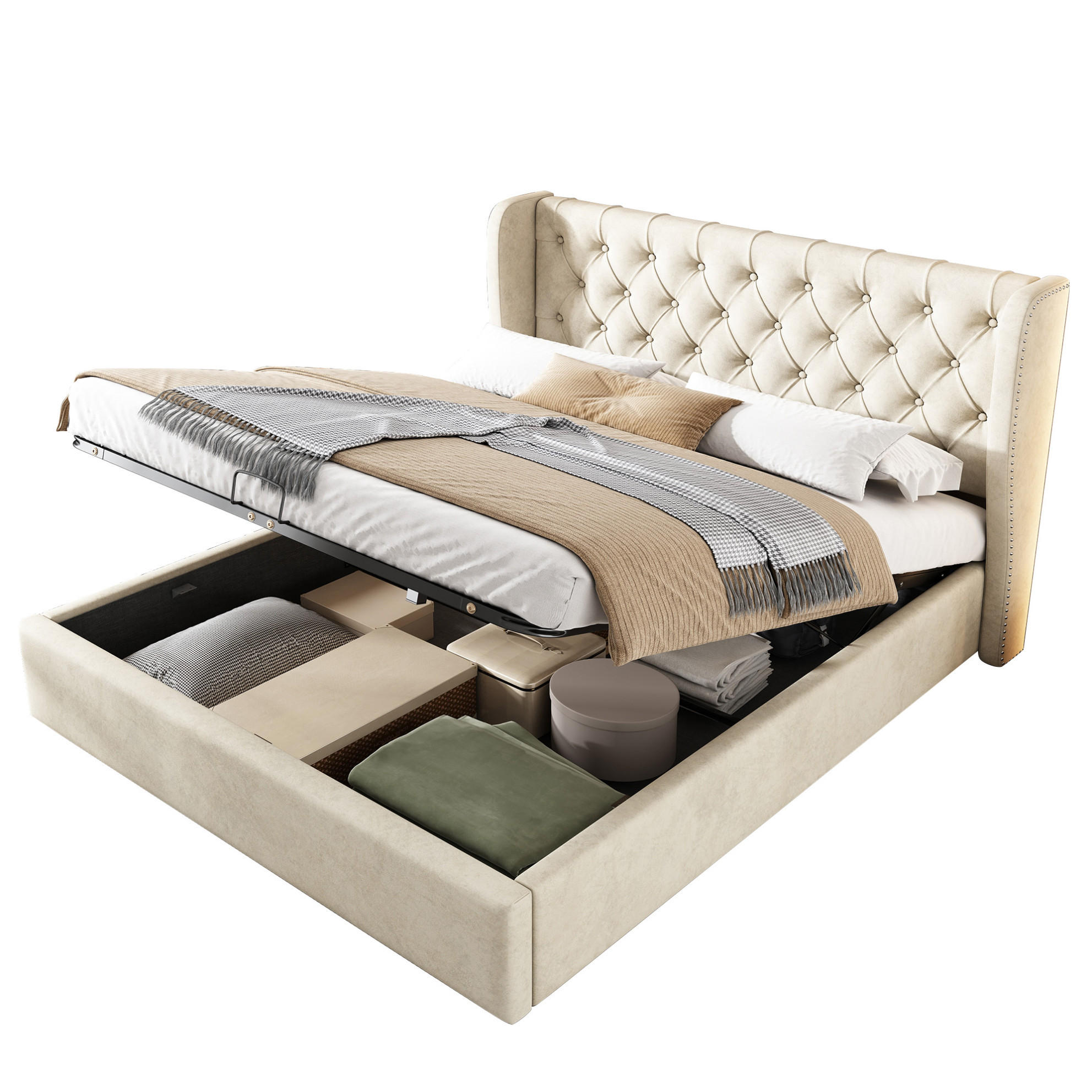 POLSTERBETT 180/200 cm Beige aus Samt mit Bettkasten - Beige, Textil (180/200cm) - OKMYHOME
