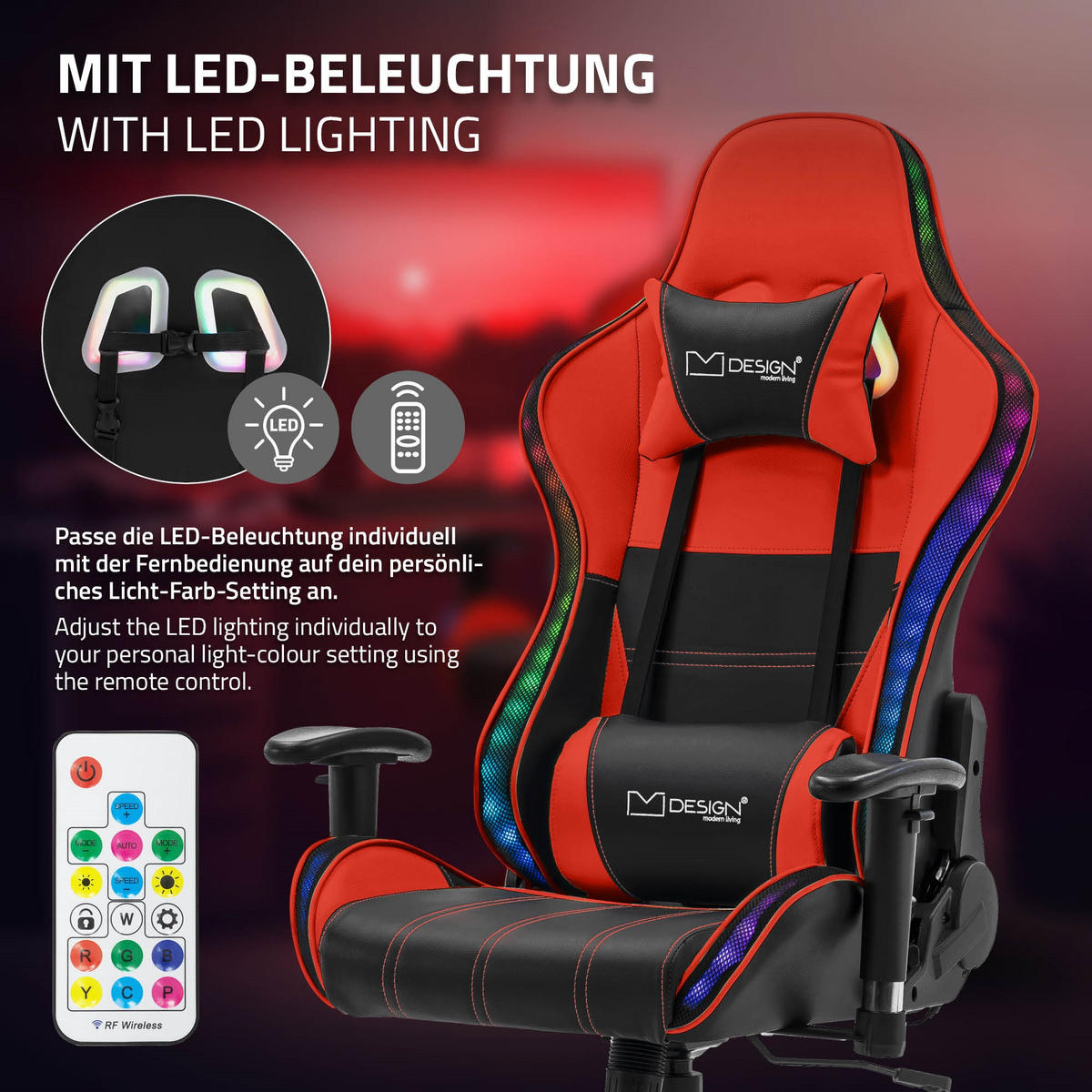 GAMINGSTUHL mit RGB Licht und Lautsprecher, Rot, aus Kunstleder - Rot/Schwarz, Kunststoff/Metall (72/133/72cm) - ML-DESIGN
