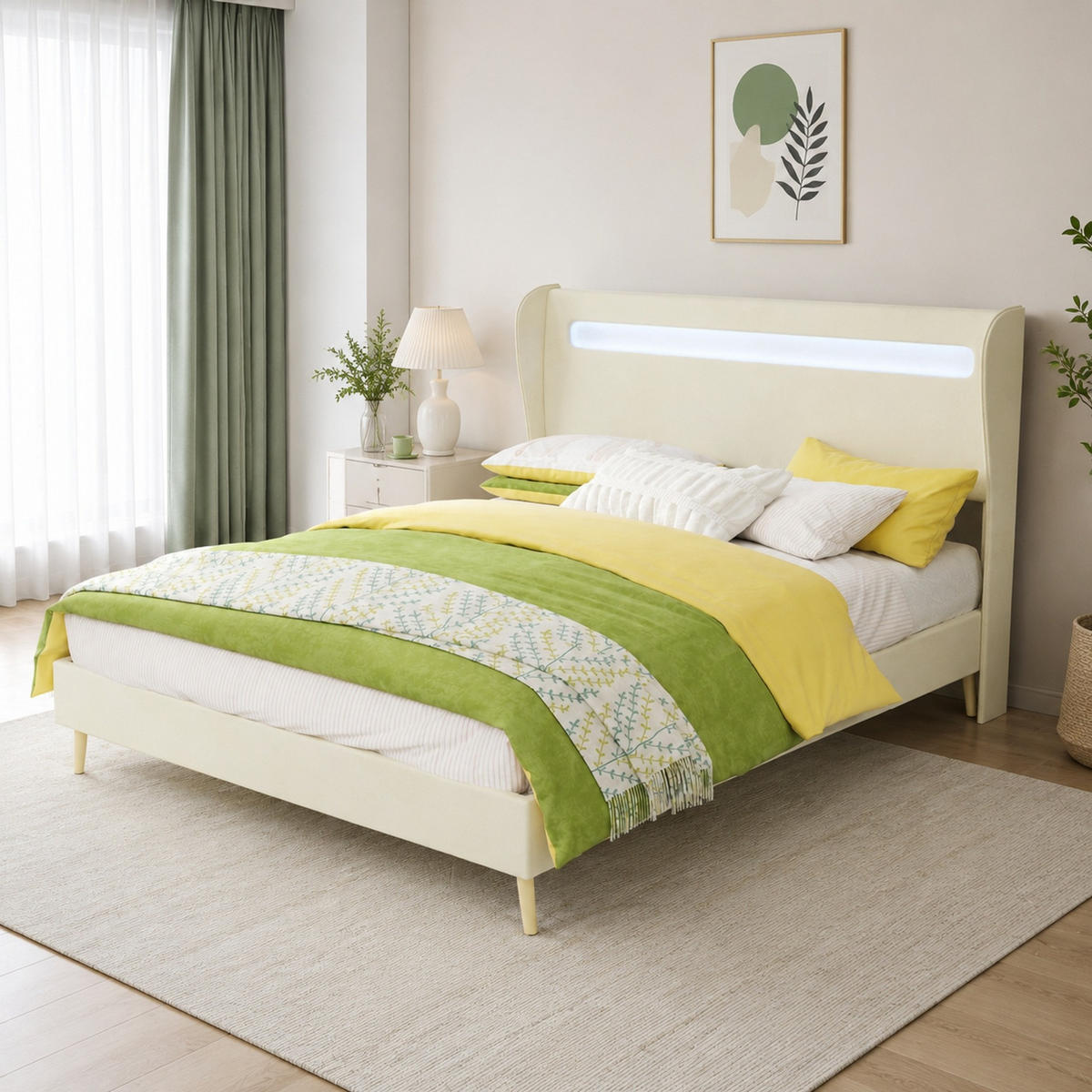 POLSTERBETT 140/200 mit LED und verstellbarem Kopfteil in Beige - Beige, Holzwerkstoff/Textil (140/200cm) - EVRYAE