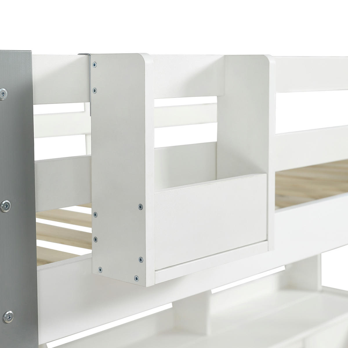HOCHBETT 90/200 cm in Weiß & Grau mit Schreibtisch, Regal und Schublade - Weiß/Grau, Holzwerkstoff (90/200cm) - STILVORA