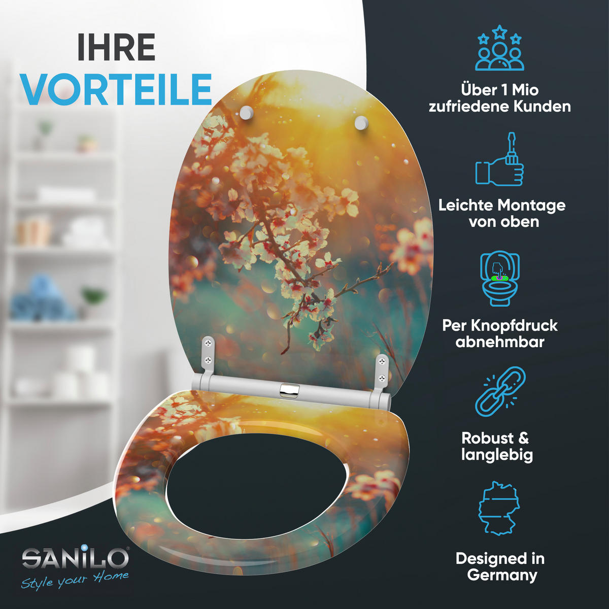 WC-SITZ mit Absenkautomatik & Top Fix Kirschblüte - Orange, Holzwerkstoff (37.7/5.5/48cm) - Sanilo