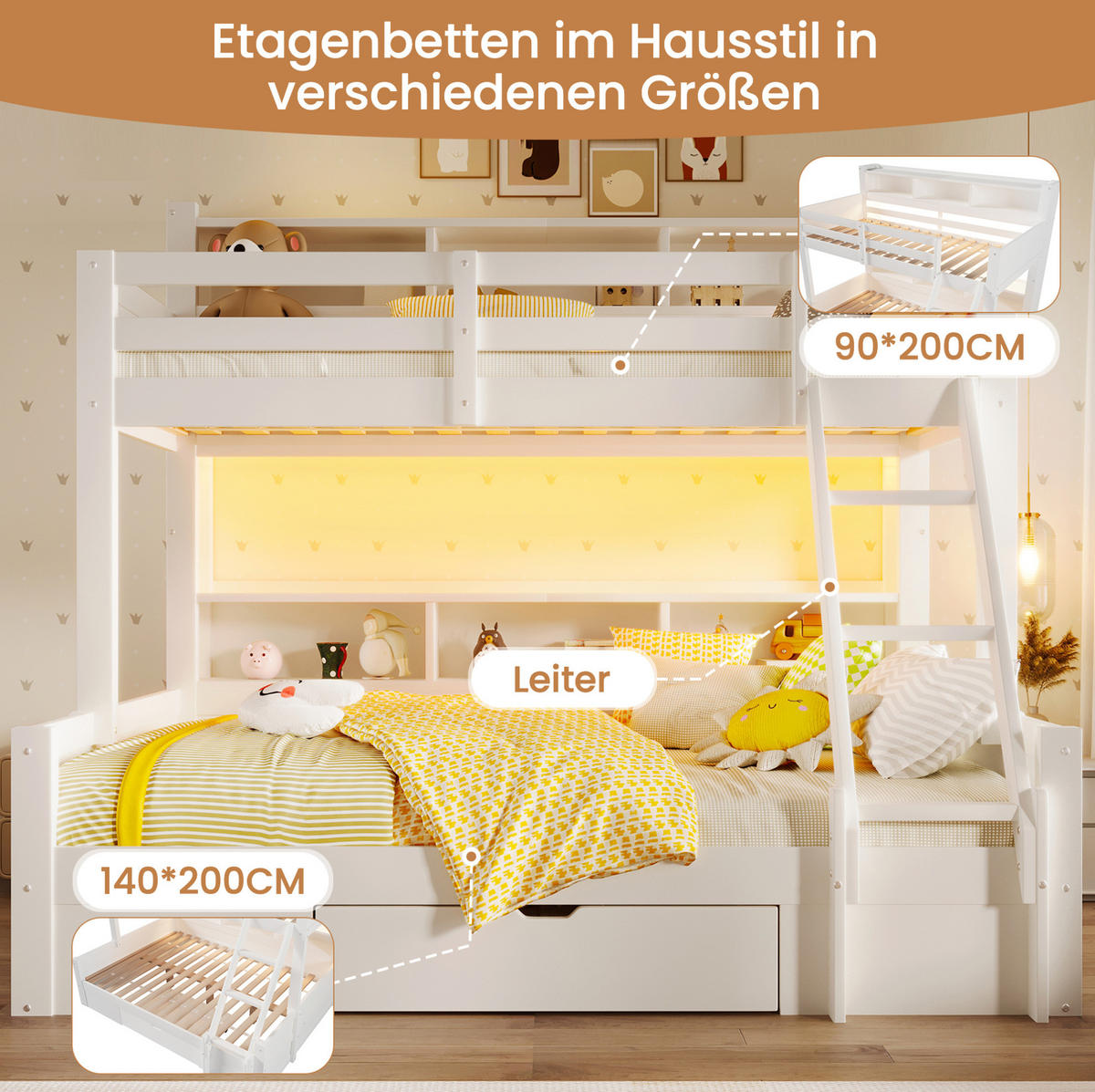 ETAGENBETT aus Kiefernholz 90x200/140x200 cm Weiß mit LED-Beleuchtung, Stauraum und Schublade - Weiß, Holzwerkstoff (90/200cm) - IVMEU