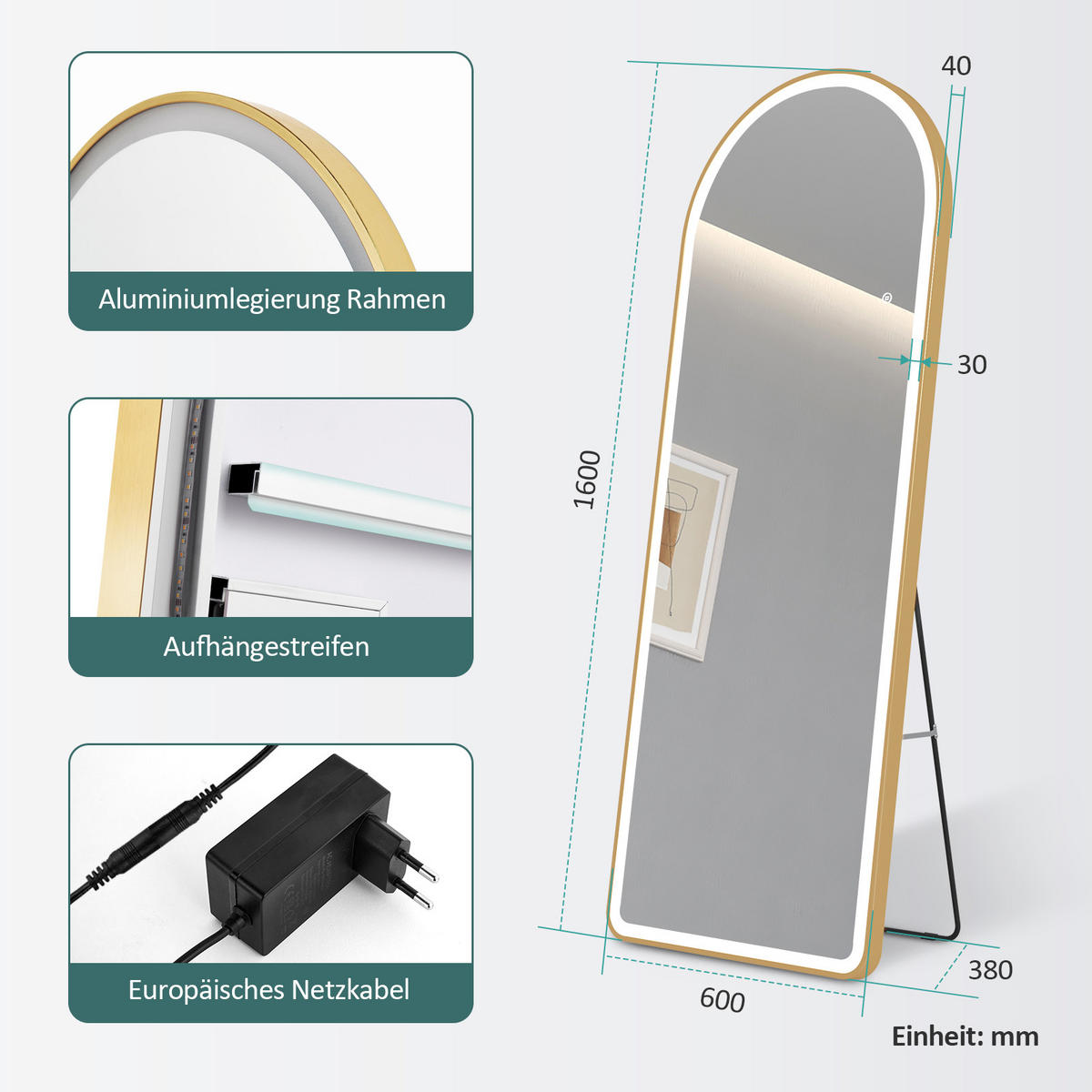 STANDSPIEGEL mit Beleuchtung und Rahmen Gold 160/60 cm - Goldfarben, Glas/Metall (60/160/160cm) - EMKE