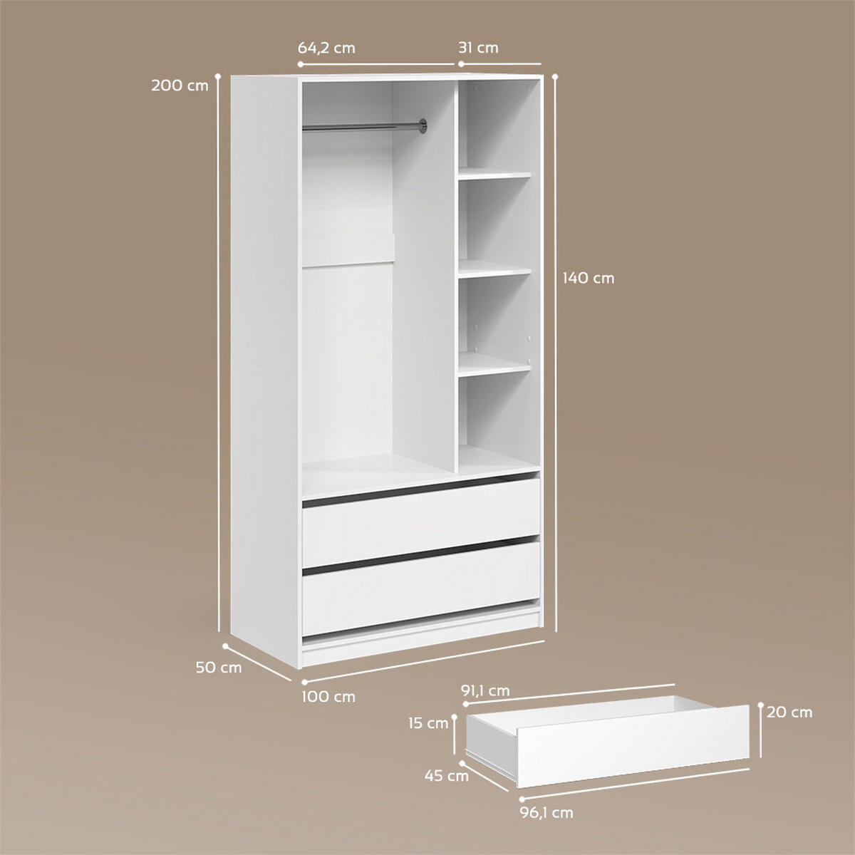 GARDEROBNA OMARA Trento Bela z 2 predaloma - bela, leseni material (100/200/50cm) - Livinity®