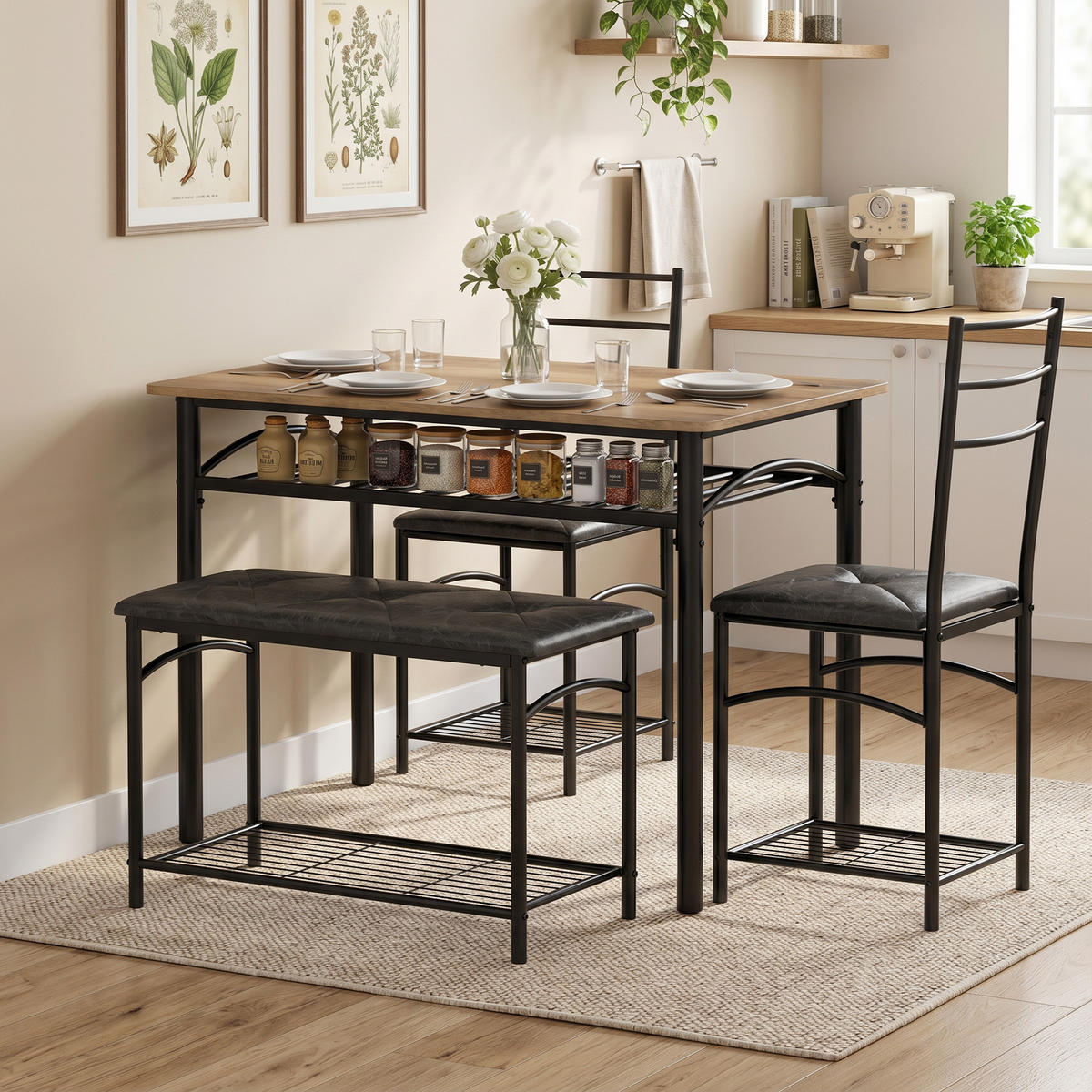 MATSALSGRUPP, 4-delars set, av metall och MDF, rustikalbrun - Brun/Svart, Träbaserade material/Plast (60/76.3/100cm) - HOMCOM