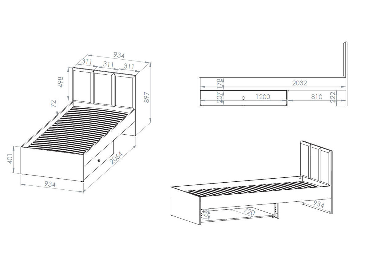 BETT Mevel Wüstensand 94 / 207 / 90cm - Grau, Holz/Holzwerkstoff (90/200cm) - Feldmann-Wohnen