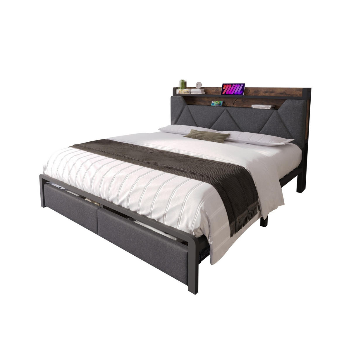 MULTIFUNKTIONSBETT 140/200 cm grau mit Stauraum-Kopfteil und LED-Beleuchtung - Grau, Textil (160/200cm) - OKWISH