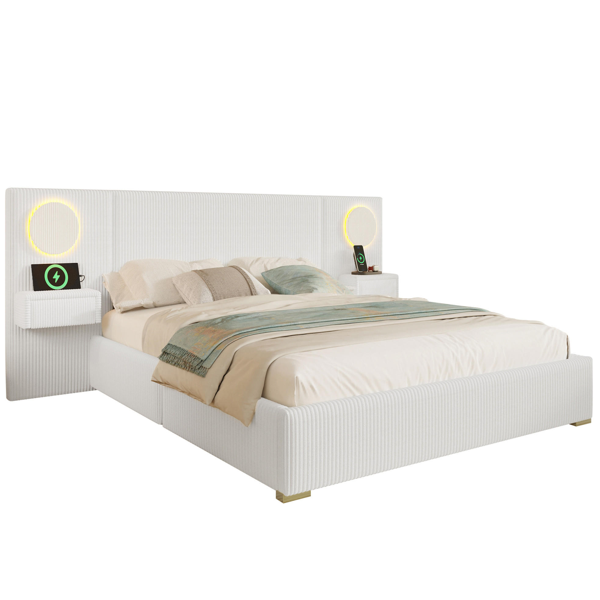 POLSTERBETT 180/200 cm in Beige aus Samt mit LED-Beleuchtung und USB-Anschlüssen - Beige, Textil (180/200cm) - Flora Grace
