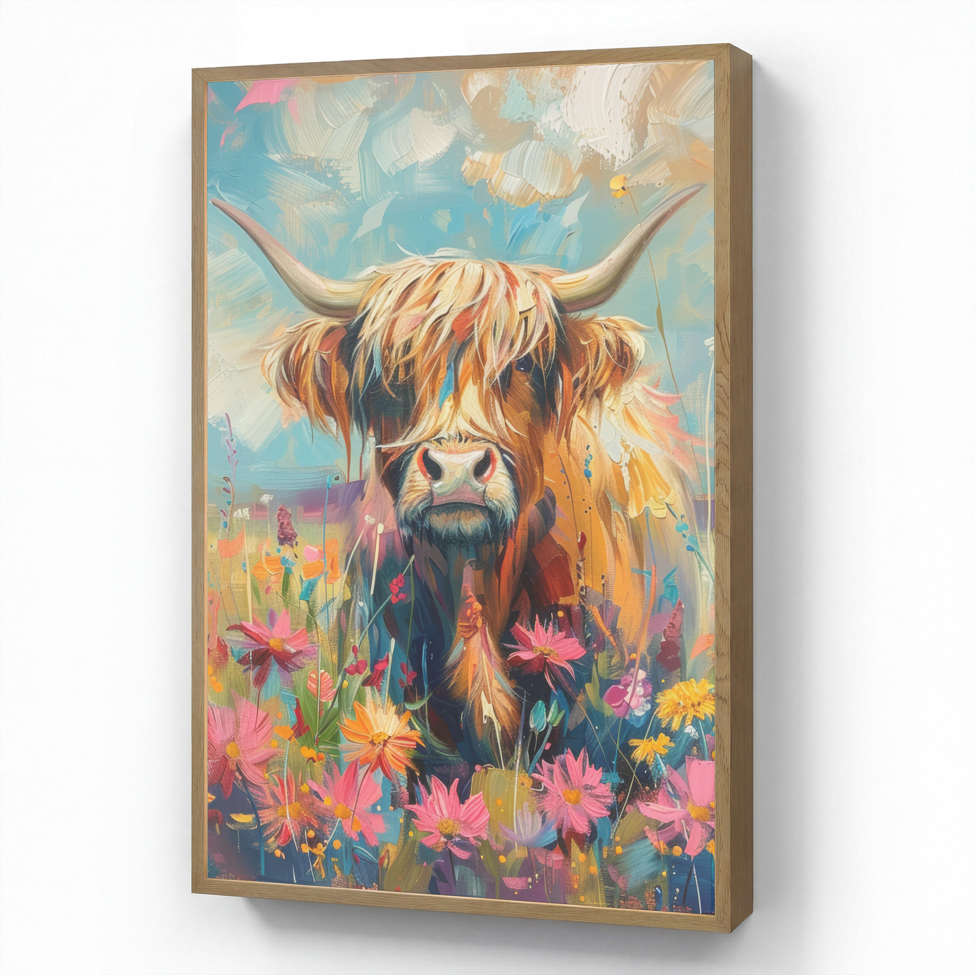 WANDLEUCHTE MIT AKKU Schottische Hochländer - Natur - Farbenfroh - Blumen 70x100 cm - Multicolor, Holzwerkstoff (70/100/8cm) - OnlyWow