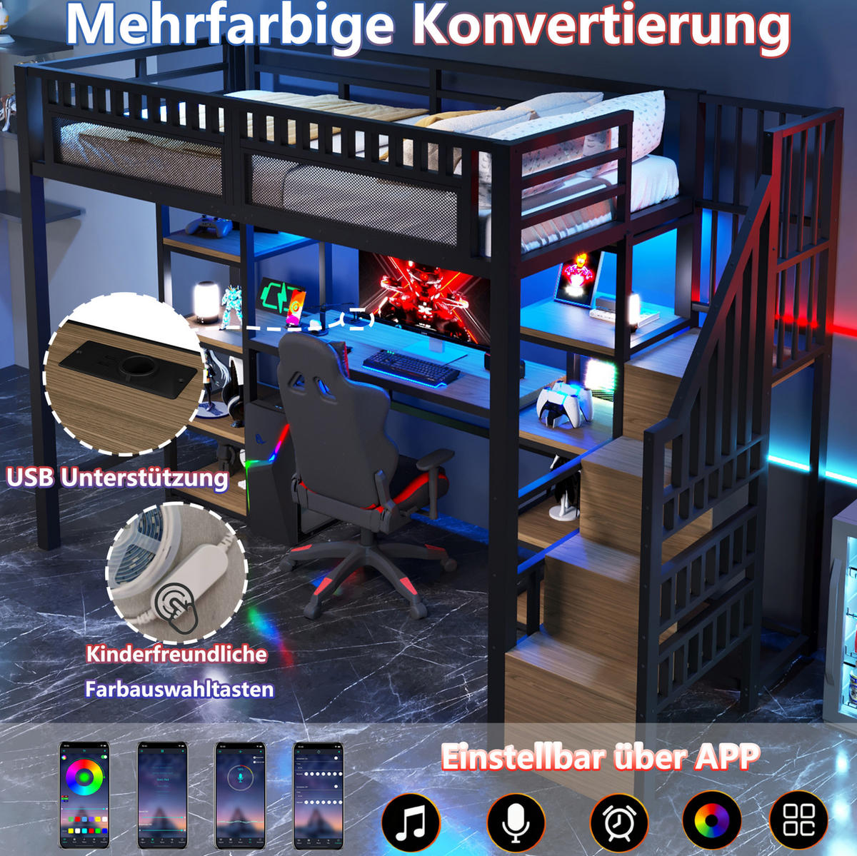 HOCHBETT aus Metall und MDF 90x200 cm Schwarz mit Schreibtisch, LED-Lichtleiste, USB-Anschluss und Stauraumleiter - Schwarz, Metall (90/200cm) - Modfu
