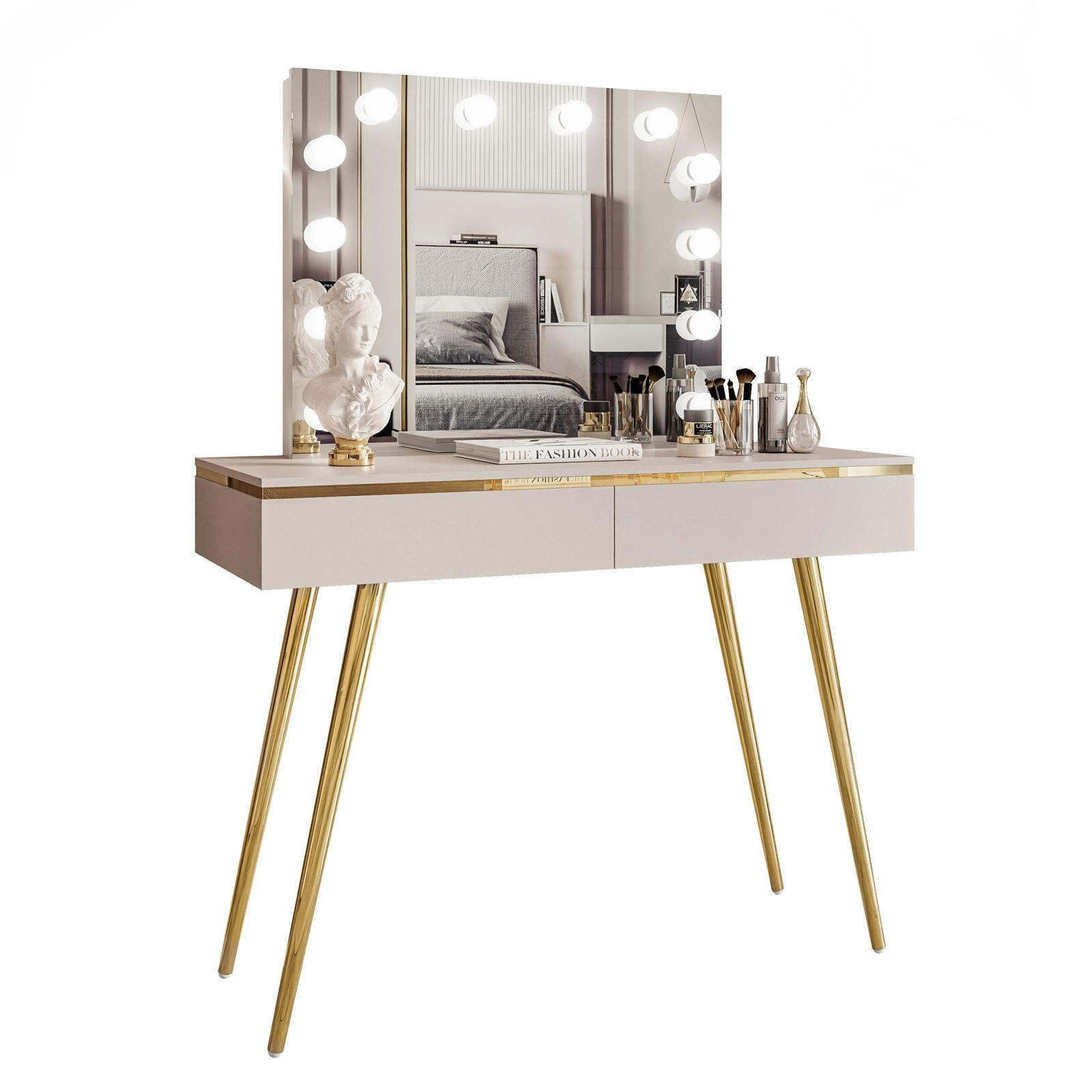 SCHMINKTISCH AURORA-S ELITE in KASCHMIR mit Spiegel - Kaschmir/Goldfarben, Holzwerkstoff/Metall (102/145/44cm) - Lookway
