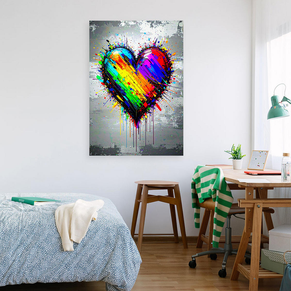 LEINWANDBILD Buntes Herz Graffiti Street Art 60x90cm - Multicolor, Textil (60/90cm) - Feeby