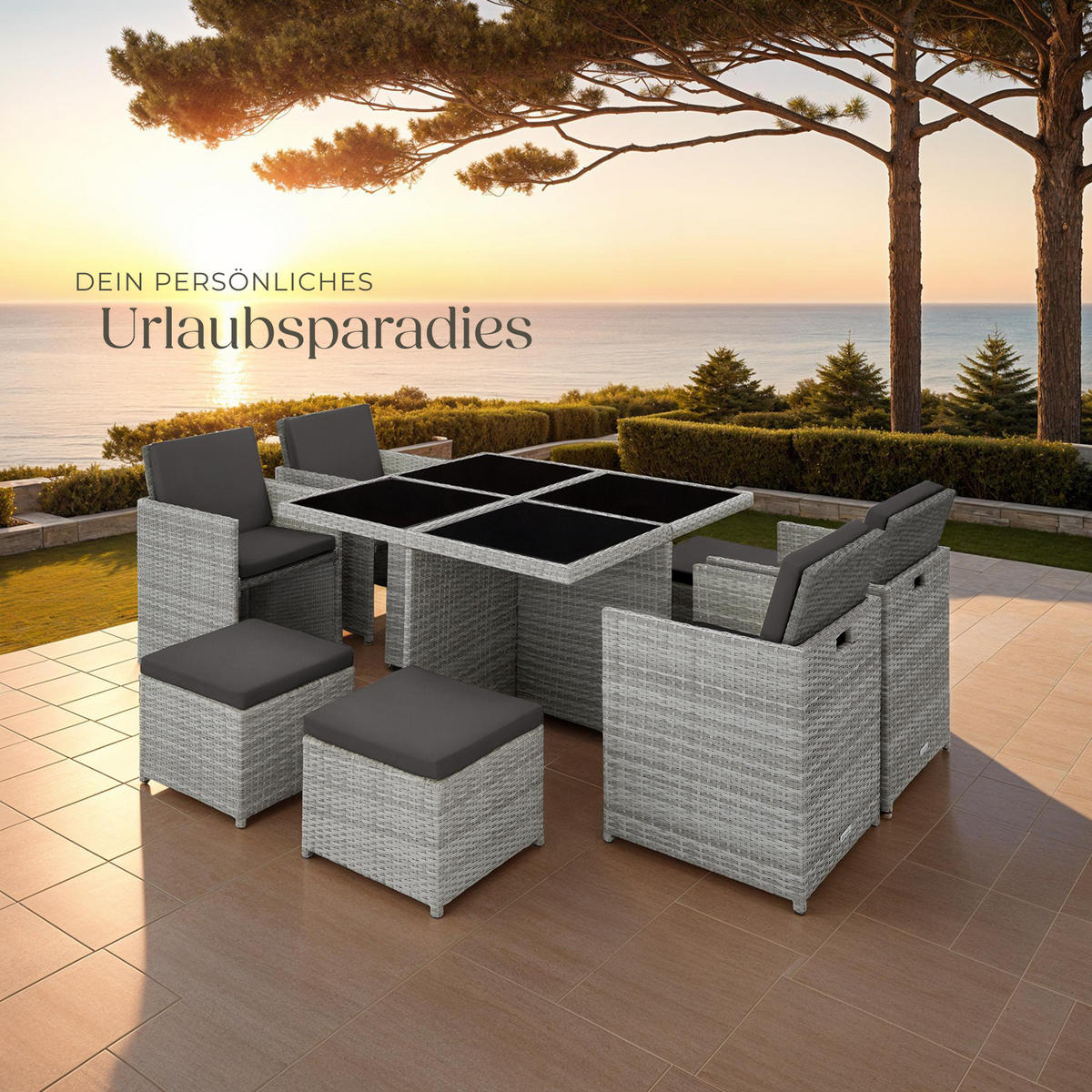 RATTAN SITZGRUPPE Manhattan,2 Bezugssets, zusammenschiebbar, inklusive Schutzhülle,hellgrau - Hellgrau, Kunststoff - tectake