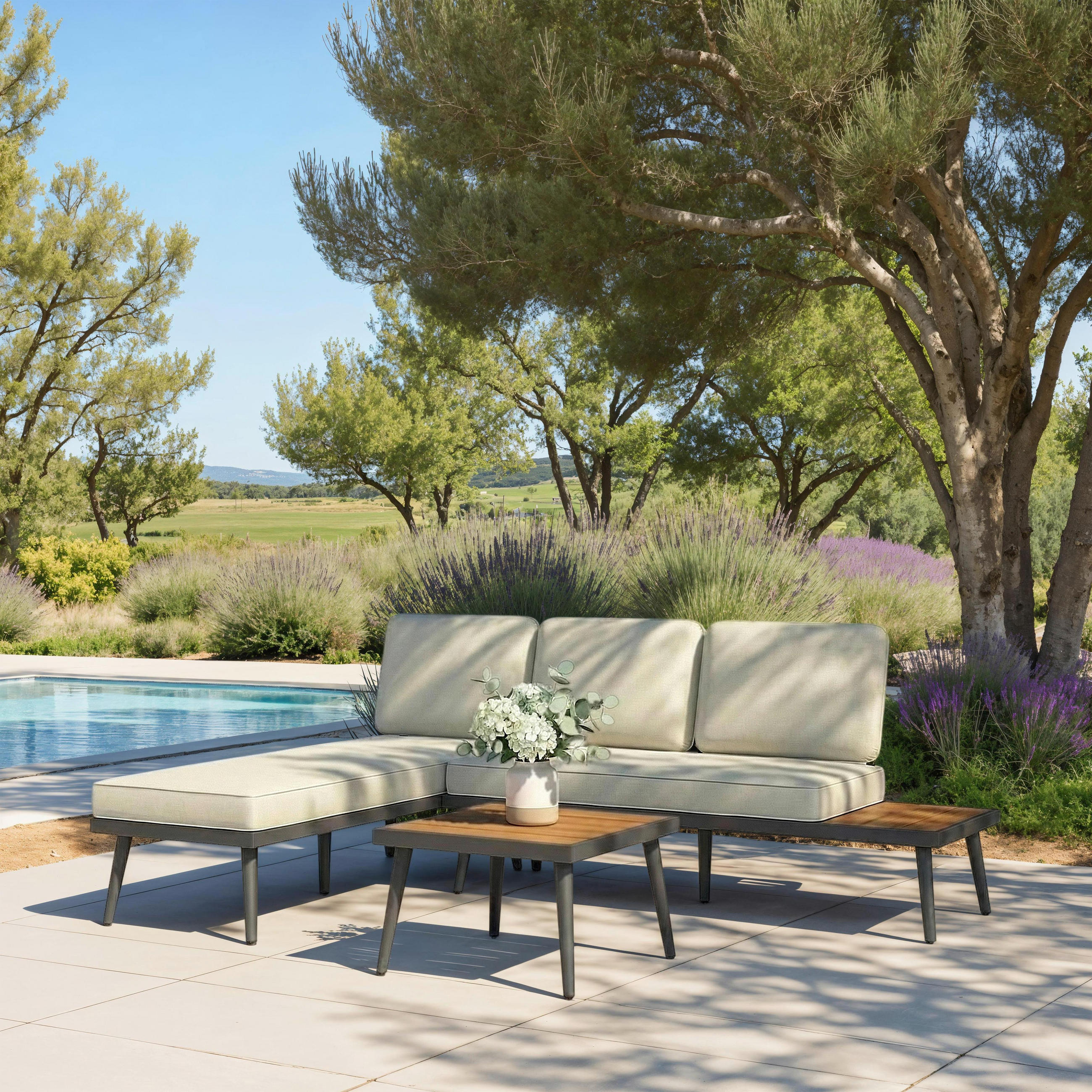 LOUNGEGARNITUR Sallie Creme Holz/Metall/Outdoorstoff - Creme, Holz - Bessagi Garden