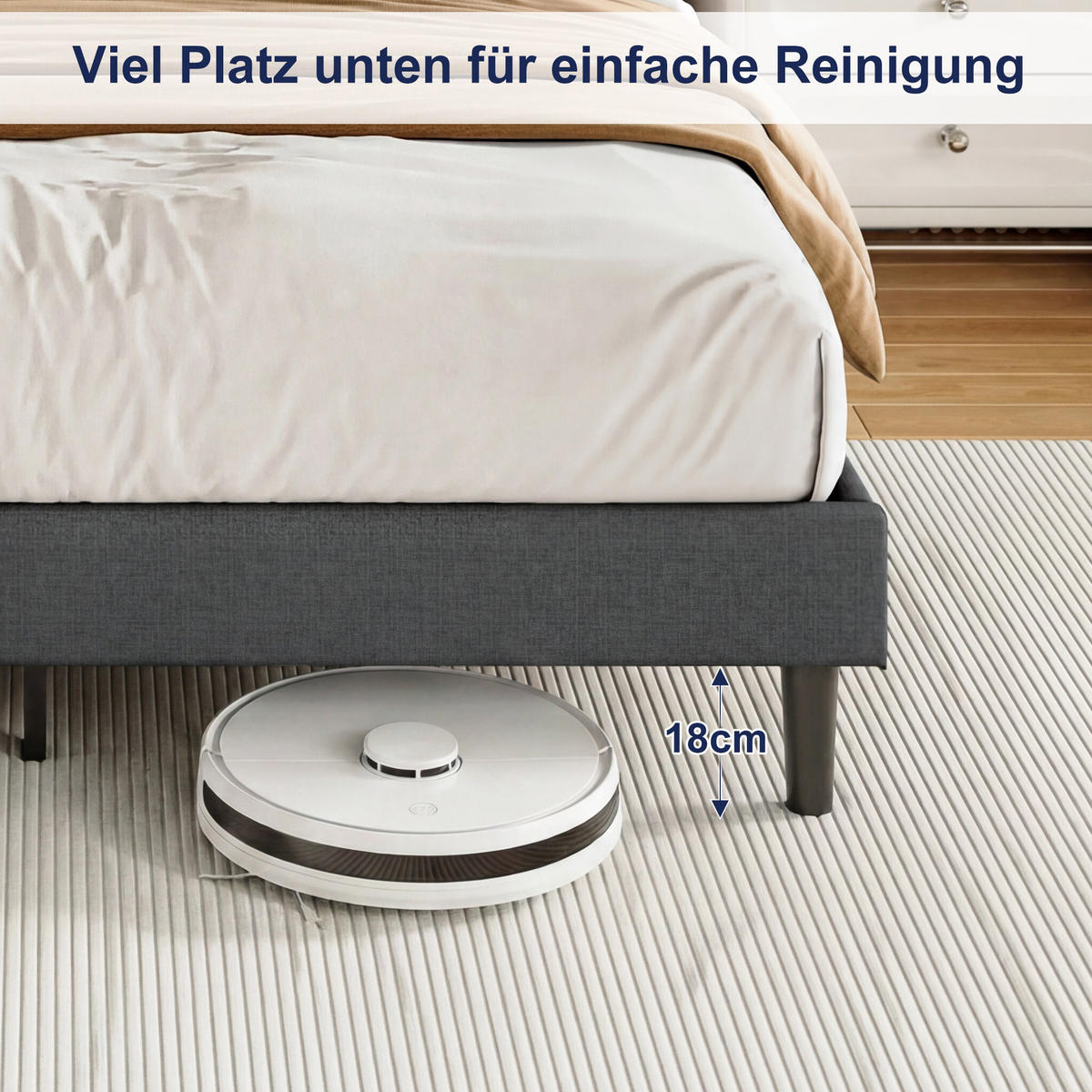 BETT 140x200 mit lattenrost, polsterbett mit USB und LED, leinenstoff, grau - Grau, Holz/Metall (140/200cm) - GENKI LIVING