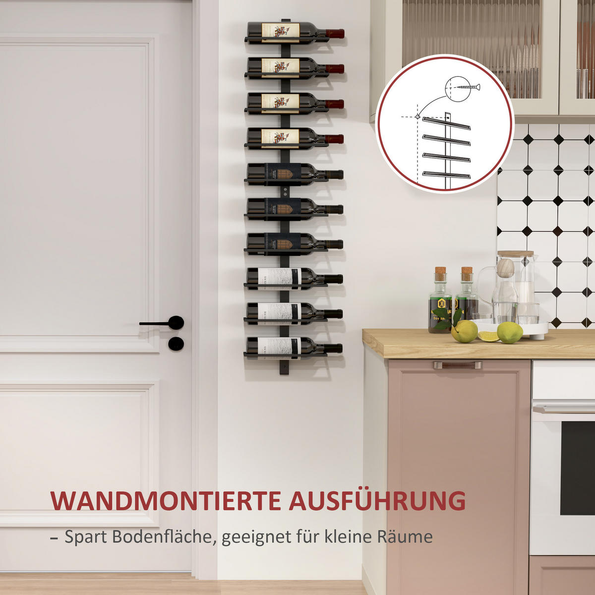 WEINREGAL Flaschenregal zur Wandmontage für 10 Weinflaschen, Stahl Schwarz - Schwarz, Metall (10/116/27cm) - HOMCOM