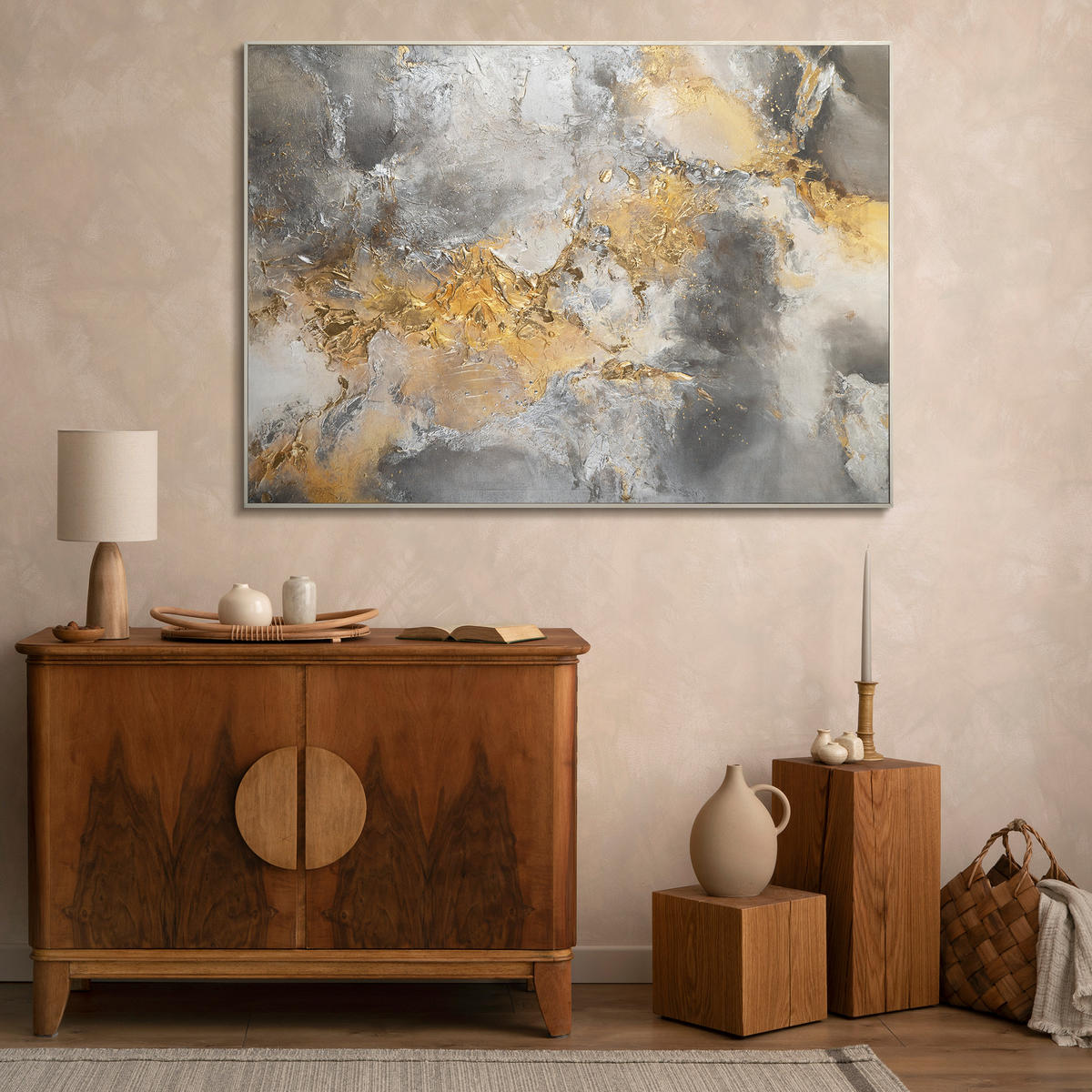 GEMÄLDE Harmonie von Gold und Silber II Schattenfugenrahmen Beige 120x80 cm - Beige, Holz (120/80cm) - YS-art gallery