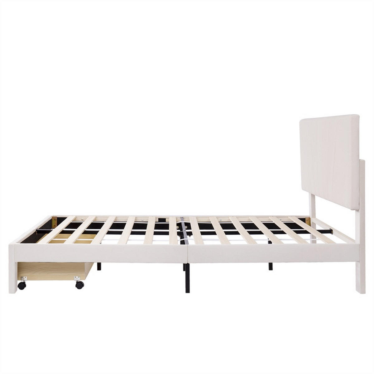 POLSTERBETT 140x200 cm mit höhenverstellbarem Kopfteil - Integrierte Bettschublade am Fußende - ohne Matratze - Beige - Beige, Textil (140/200cm) - DELFA