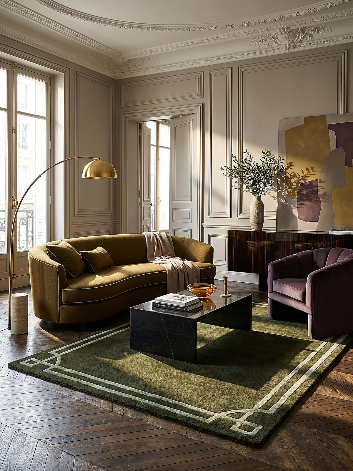 TEPPICH Kurzflor im Art-Déco-Stil, Klassische Bordüre, Wohnzimmer Grün Rechteckig 200x290 - Grün, Textil (290/200cm) - KADIMA DESIGN