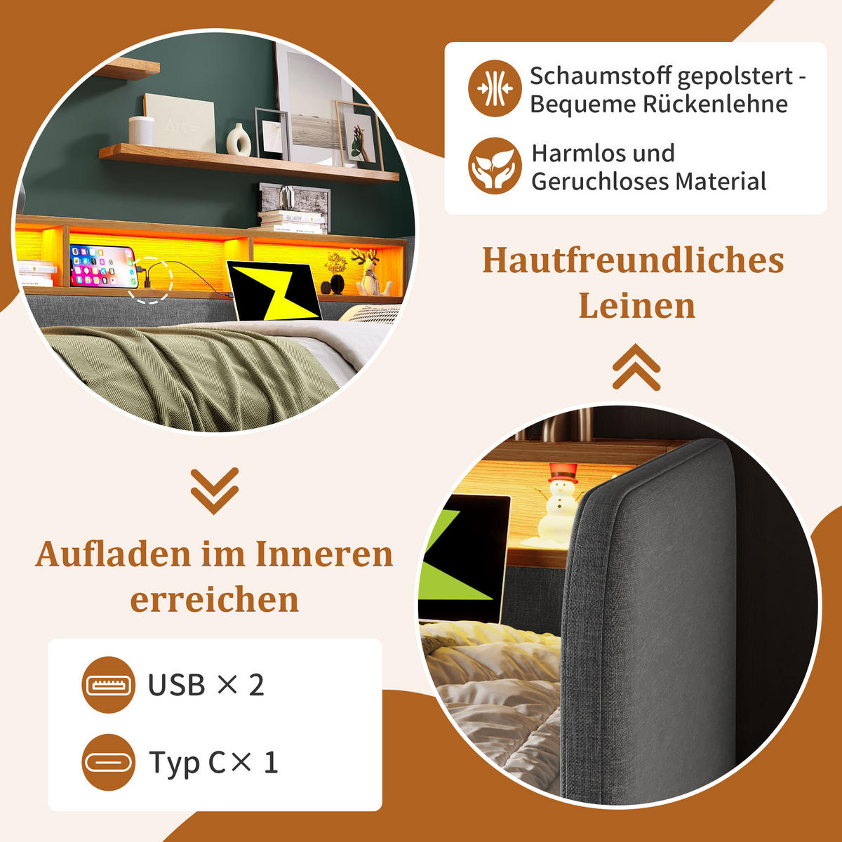 POLSTERBETT aus Leinen 140x190 cm in Grau mit LED, USB-C und 2 Schubladen - Grau, Textil (140/190cm) - Modfu