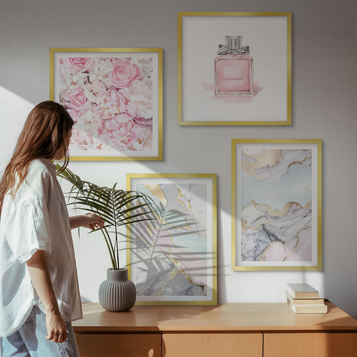WANDBILDER 4er Set - 50x50 cm & 40x60 cm Goldrahmen - Rosa Blumen Marmor Pastell - Goldfarben, Kunststoff (50/50cm) - ArtPrintCave