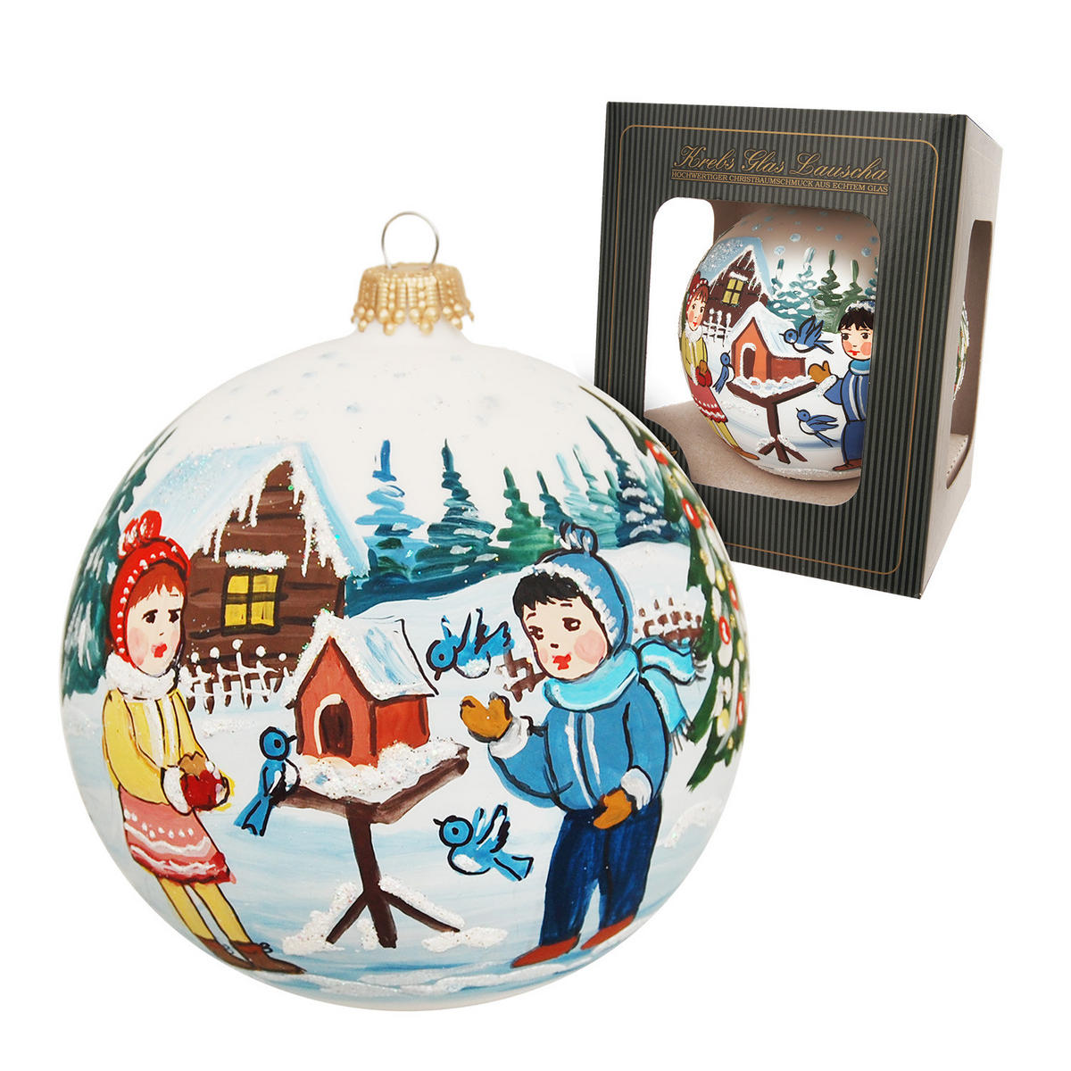 CHRISTBAUMKUGEL Kinder mit Vogelhaus Weiß 10cm (Glas / 1 Stk.) - Weiß, Glas (10/10/10cm) - Krebs Glas Lauscha