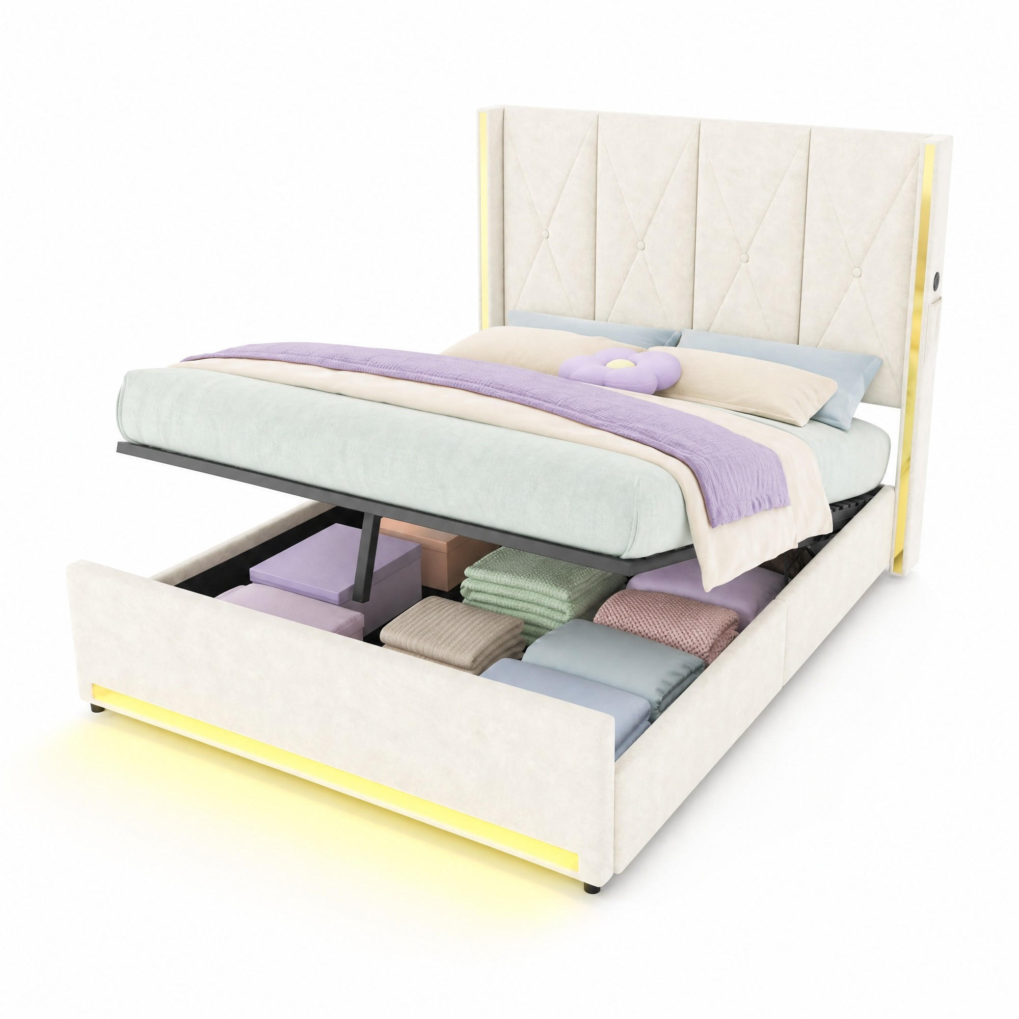 POLSTERBETT 160/200 cm in Beige mit Stauraum und LED-Beleuchtung - Beige, Textil (160/200cm) - Flora Grace
