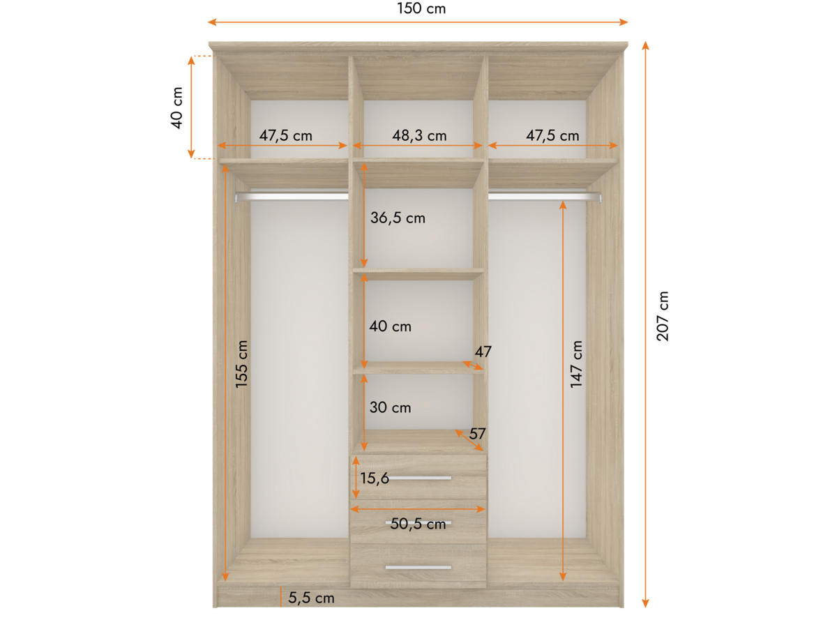 DREHTÜRENSCHRANK - RUTH 3D SONOMA - Sonoma Eiche, Holzwerkstoff/Metall (150/210/64cm) - Möblo