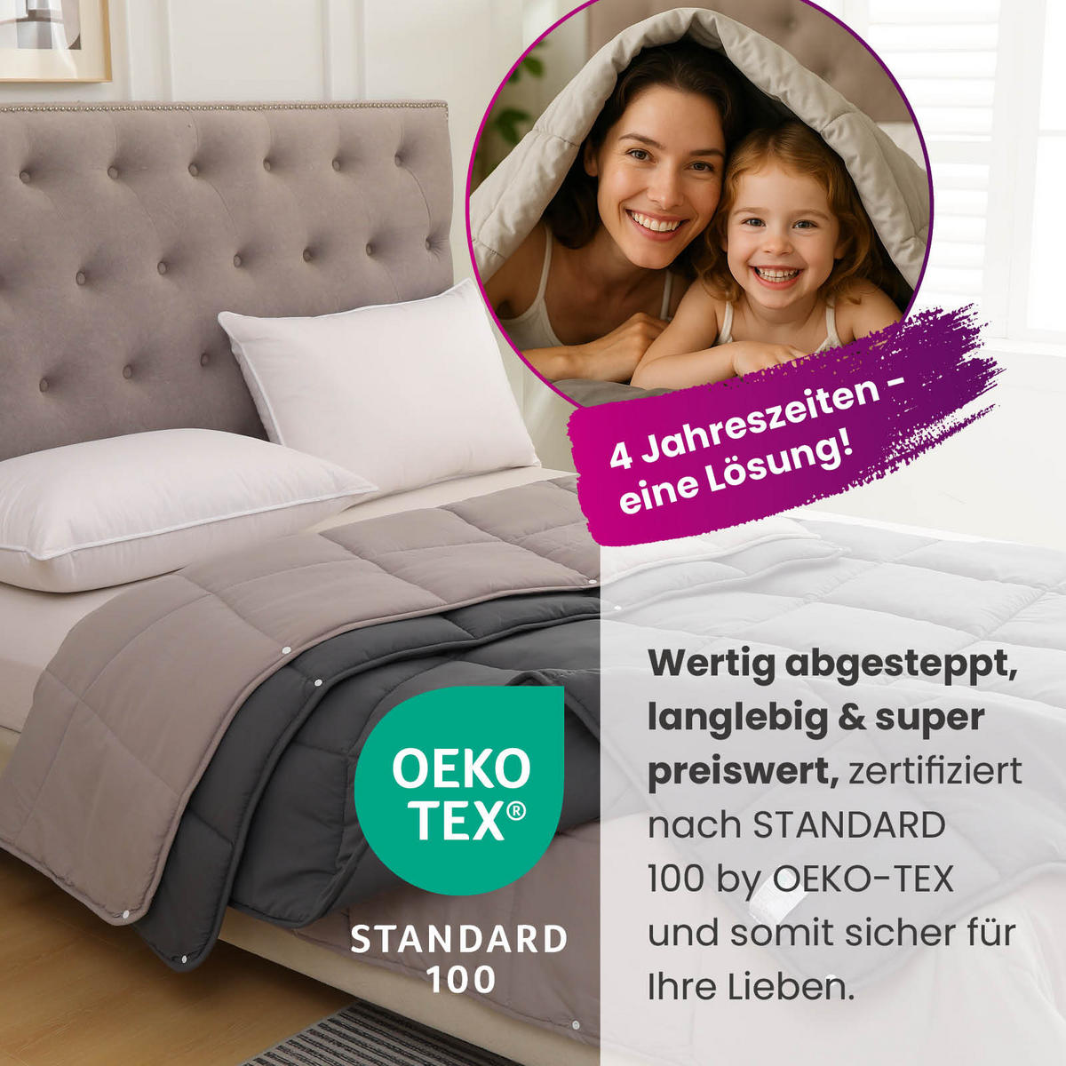 4-JAHRESZEITEN Steppbett Bi-Color im Wende-Design grau 135x200 - Grau, Textil (135/200cm) - wometo