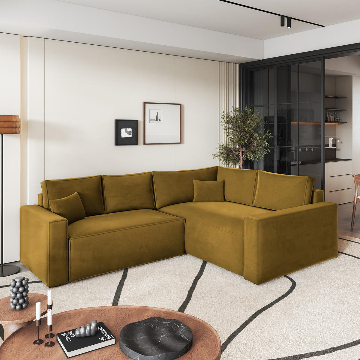 ROHOVÁ SEDAČKA ERONIS žlutá - šedá/žlutá, dřevo/textil (265/194cm) - MASSENO