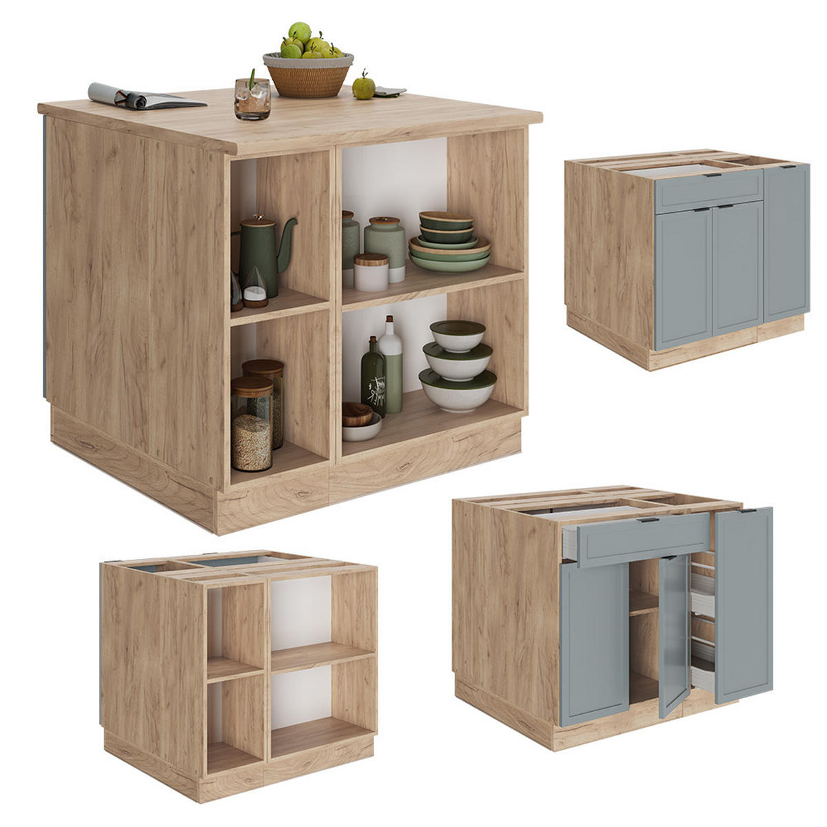 KÜCHENINSEL Fame-Line Hellblau-grau 90 cm mit Schublade, ohne AP - Honigeiche/Blaugrau, Holzwerkstoff (90/82/60cm) - Vicco