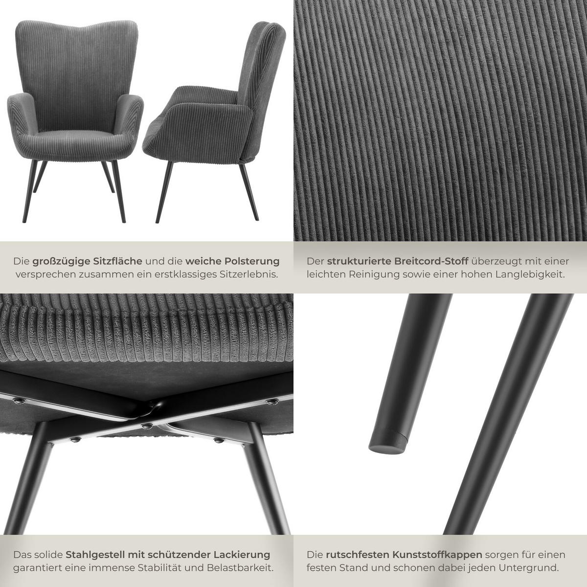 SESSEL Hygge,72 x 76 x 100,5 cm,Breitcord anthrazit/schwarz - Anthrazit/Schwarz, Kunststoff (72/100.5/76cm) - tectake
