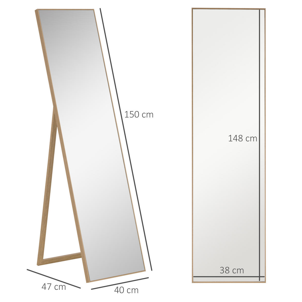 STANDSPIEGEL, Ganzkörperspiegel mit Holzmaserung, Ankleidespiegel, Hellbraun - Silberfarben, Glas (3/150/40cm) - HOMCOM