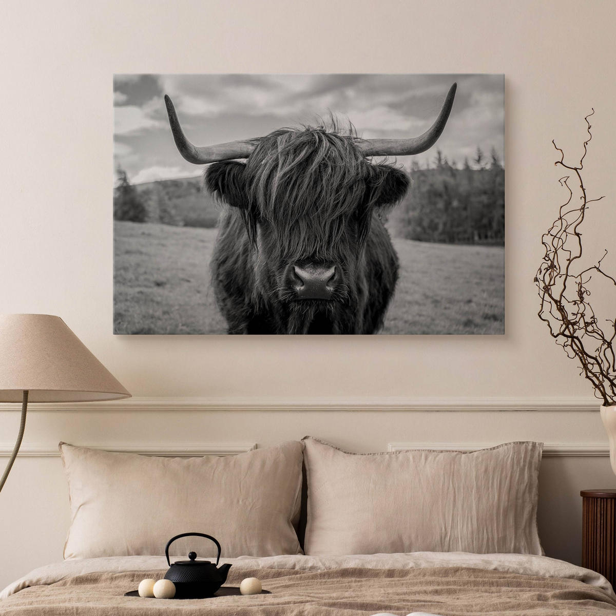 LEINWANDBILD Schwarzweiß Schottische Kuh Tier Landschaft 3D 120/80 cm - Schwarz/Weiß, Textil (120/80cm) - Muralo