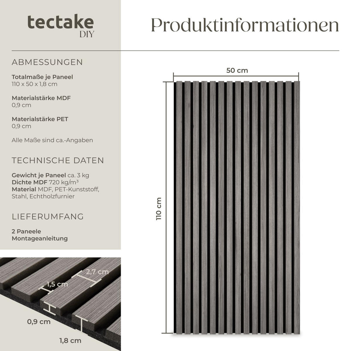 AKUSTIKPANEELE 2er Set Sonic Wall II Holzoptik Eiche hellgrau Größe flexibel anpassbar - Eichefarben/Hellgrau, Holz (50/1.8/110cm) - tectake