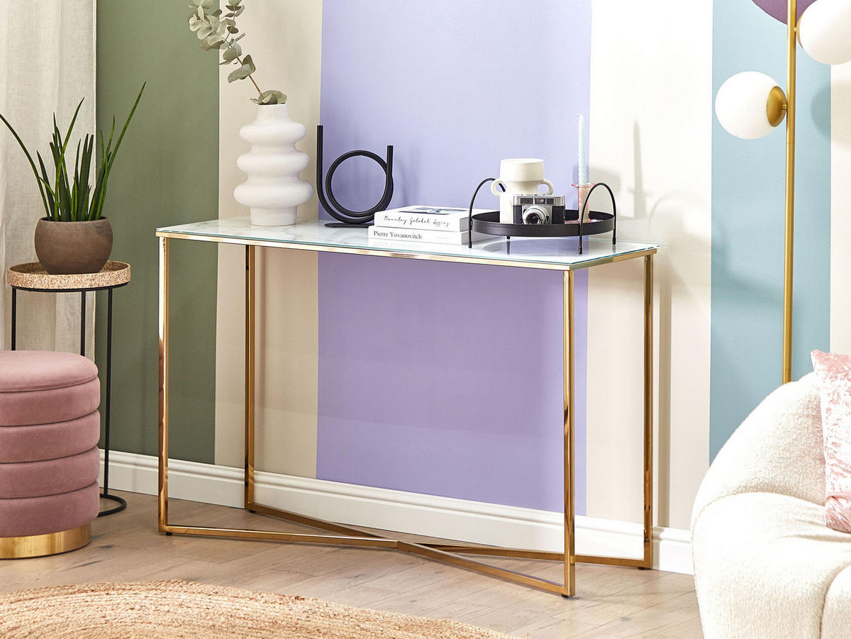 KONSOLENTISCH Marmor Optik weiß/gold Royse - Goldfarben/Weiß, Glas (120/35/76cm) - Beliani