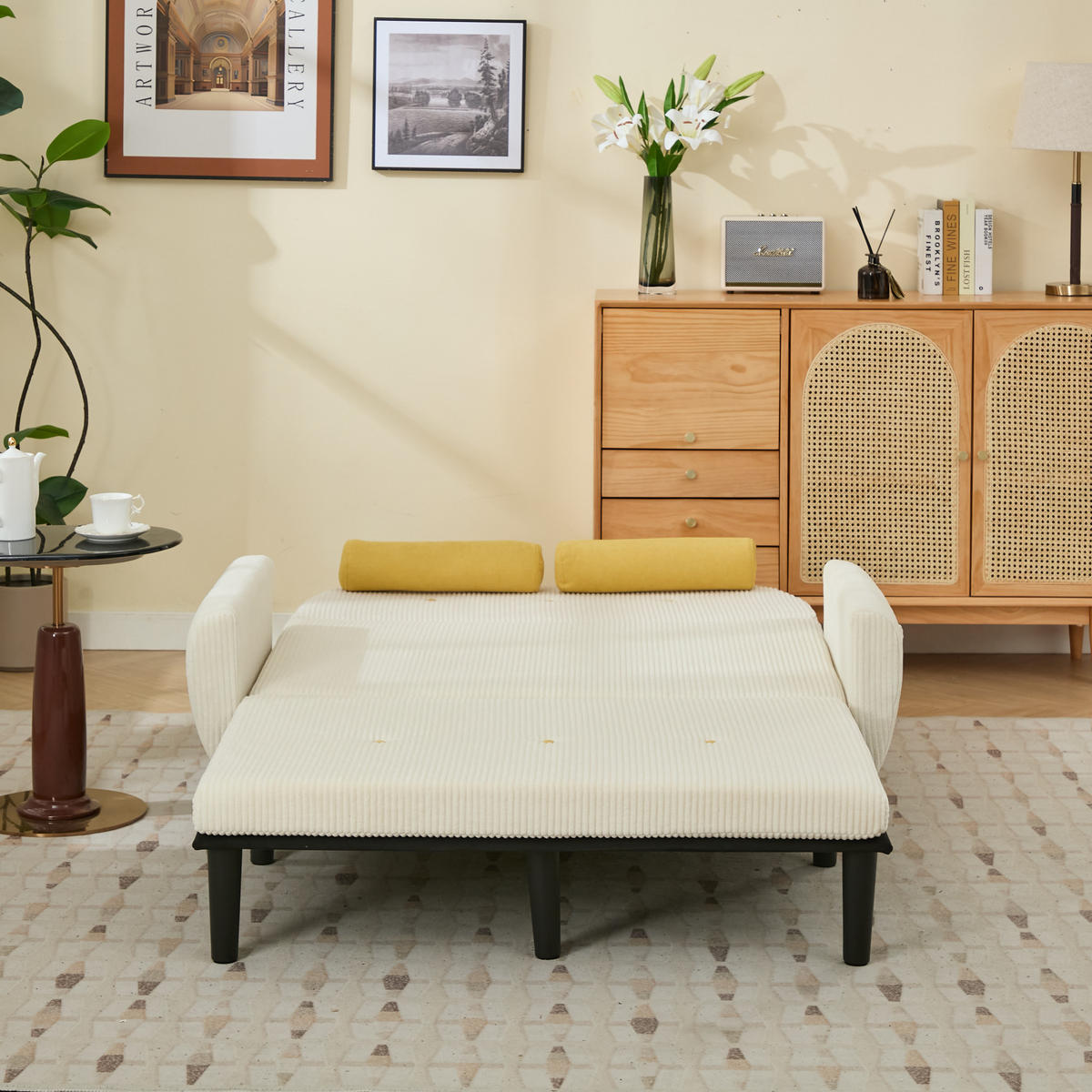 2-SITZER SCHLAFSOFA Cord Elfenbein mit 2 Kissen und Stauraum - Beige, Kunststoff/Textil (133.5/85/77cm) - WISHDOR