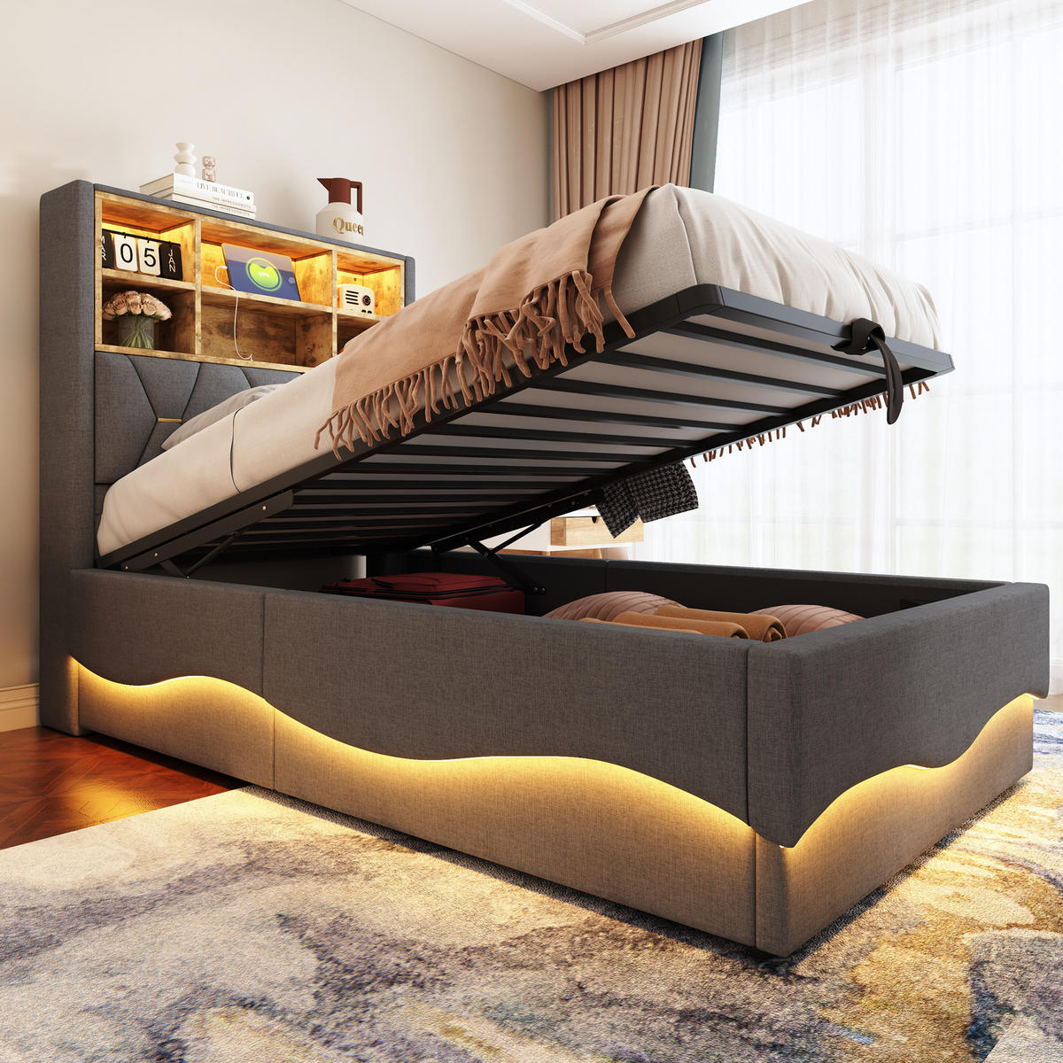 KINDERBETT 90/200 cm Grau mit hydraulischem Stauraum und LED-Beleuchtung - Grau, Metall (90/200cm) - OKWISH