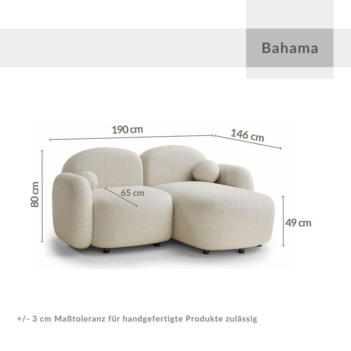 ECKSOFA Bahama Creme Webstoff - Rechts Seite - Creme/Schwarz, Holz/Holzwerkstoff (190/146cm) - Maison de Reve