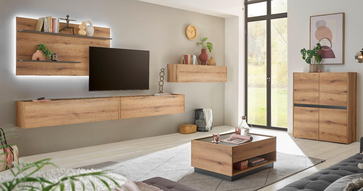 WOHNWAND Evoke Eiche, grau, Set 4-teilig mit XXL-TV-Schrank, 400 cm - Eichefarben/Grau, Holz/Holzwerkstoff (400/180/30cm) - Furn.Design