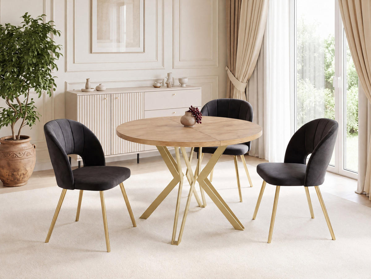 ESSTISCH Daisy runder ausziehbarer, Craft Eiche 100-180/100/76 cm - Eiche Wotan/Goldfarben, Holzwerkstoff/Metall (100/180/76cm) - WFL GROUP