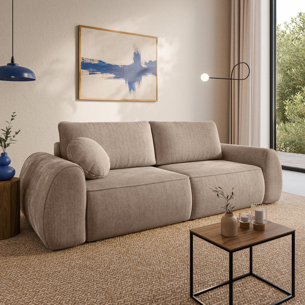 BETTSOFA ZEFEO Beige Kordstoff mit Schlaffunktion - Beige, Textil (264/96/106cm) - MASSENO