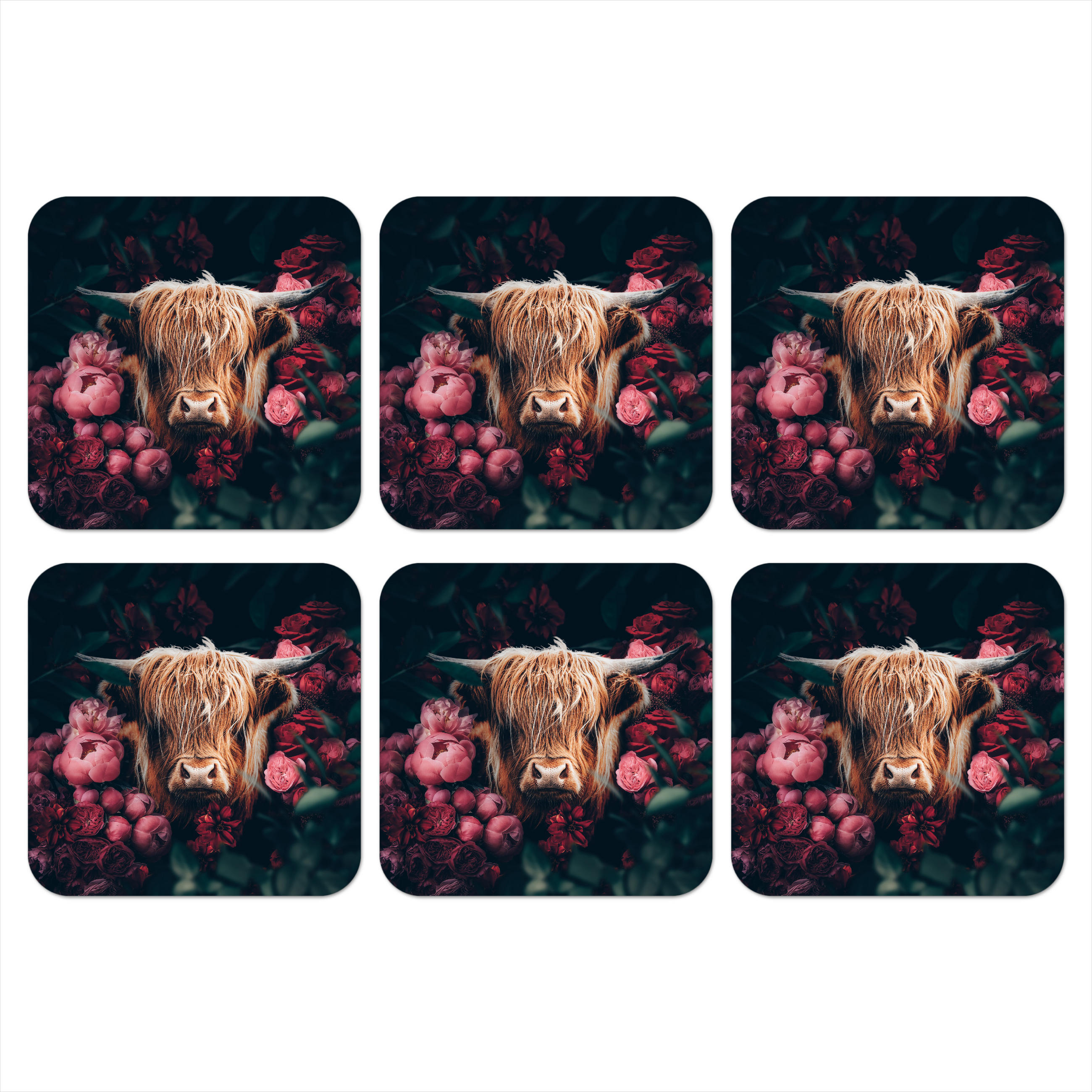 GLASUNTERSETZER 6er-Set Kuh - Schottischer Highlander - Blumen - Botanisch 10x10 cm - Pink, Naturmaterialien (10/0.2cm) - MuchoWow