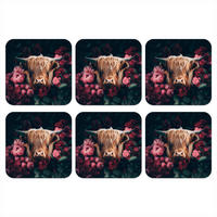 GLASUNTERSETZER 6er-Set Kuh - Schottischer Highlander - Blumen - Botanisch 10x10 cm - Pink, Naturmaterialien (10/0.2cm) - MuchoWow