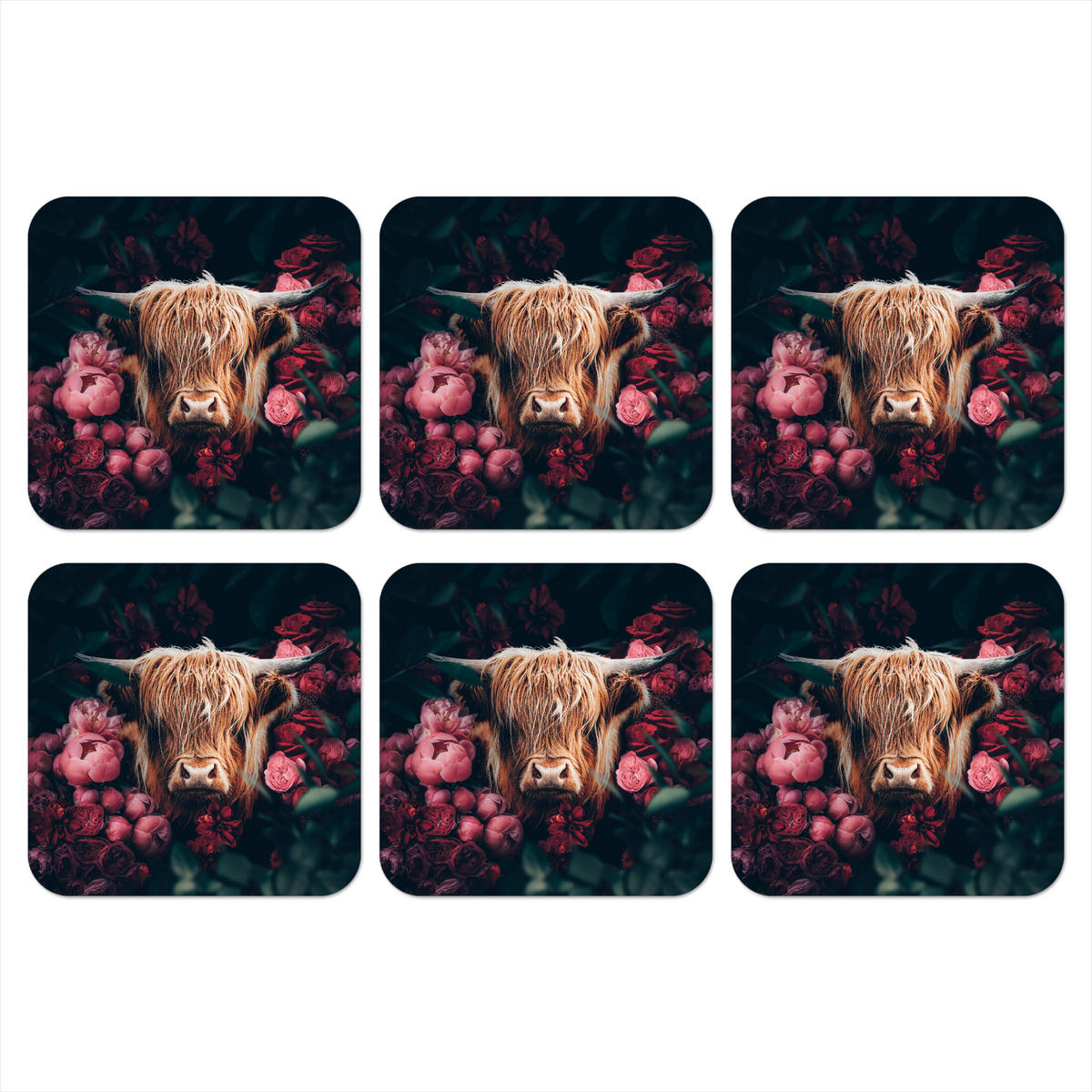GLASUNTERSETZER 6er-Set Kuh - Schottischer Highlander - Blumen - Botanisch 10x10 cm - Pink, Naturmaterialien (10/0.2cm) - MuchoWow