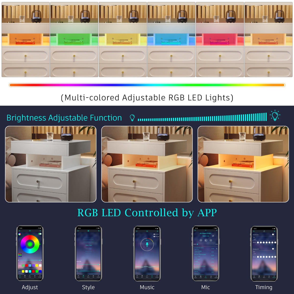 NACHTTISCH Weiß mit LED-Beleuchtung 2er-Set - Weiß, Holz (100/60/40cm) - PANGIVO